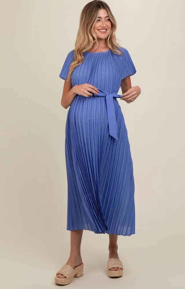 Blue Pleated Sash Tie Maternity Midi Dress