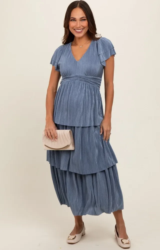 Blue Pleated Tiered Maternity Midi Dress