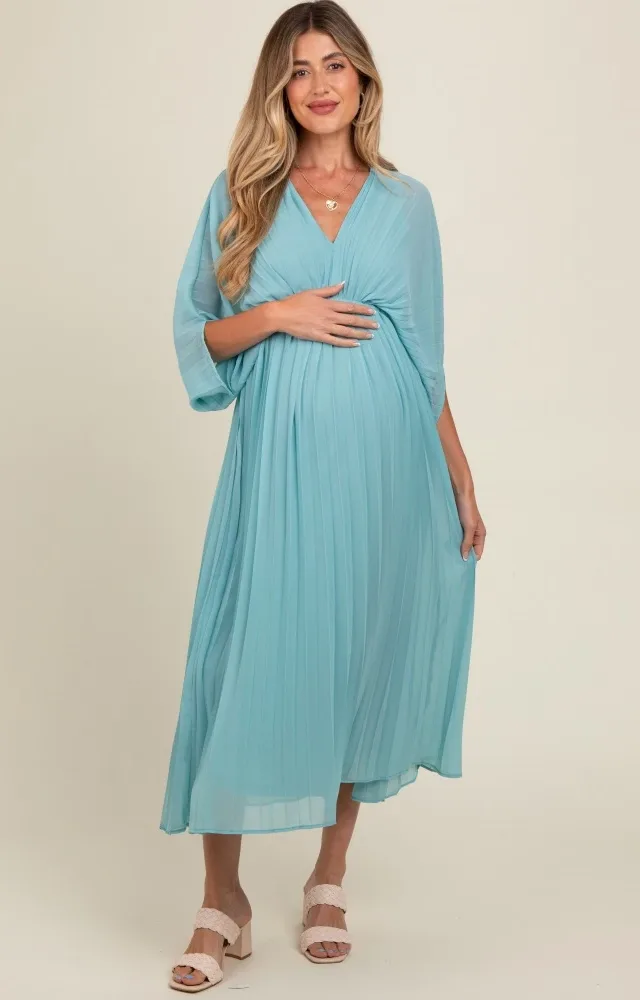 Blue Pleated V Neck Maternity Maxi Dress