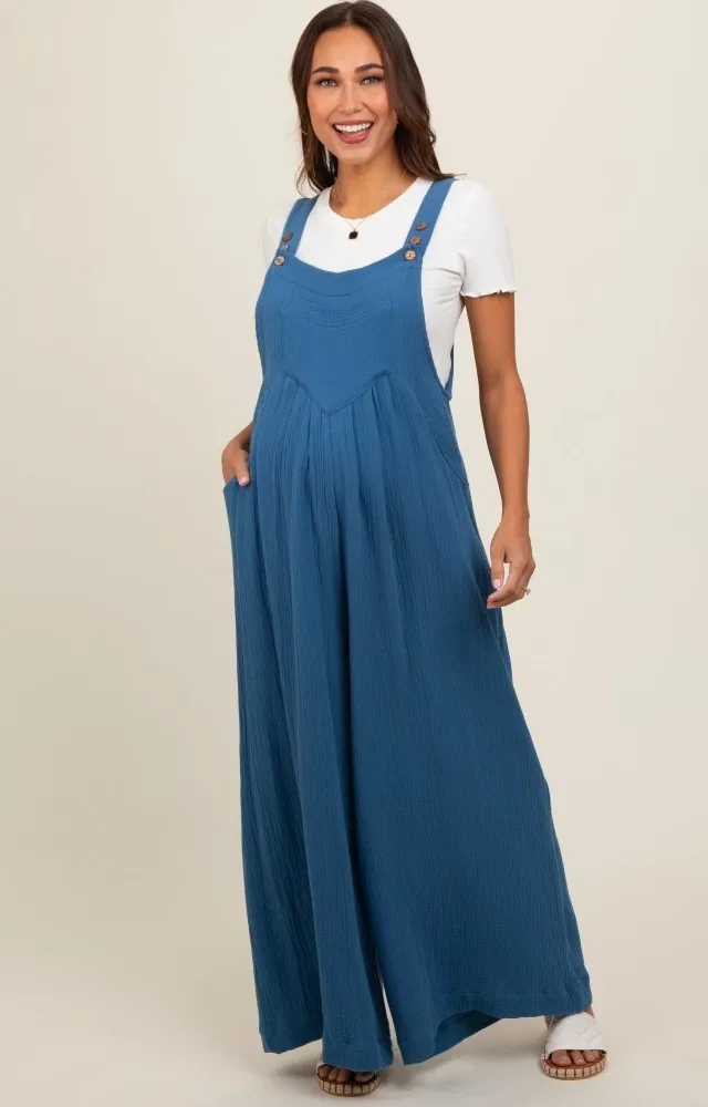 Blue Pocket Front Maternity Wide Leg Jumpsuit