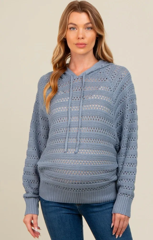 Blue Pointelle Knit Maternity Sweater