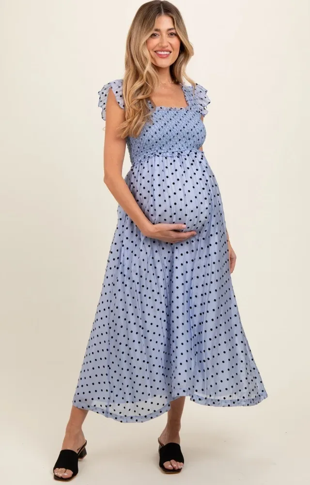 Blue Polka Dot Smocked Maternity Midi Dress