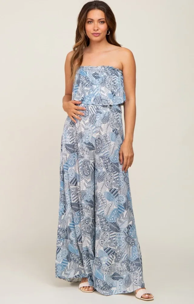 Blue Printed Ruffle Hem Maternity Jumpsuit