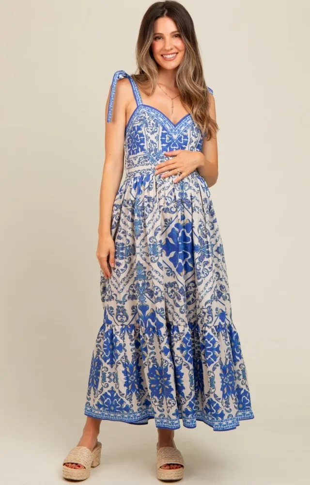 Blue Printed Sweetheart Neckline Shoulder Tie Maternity Maxi Dress