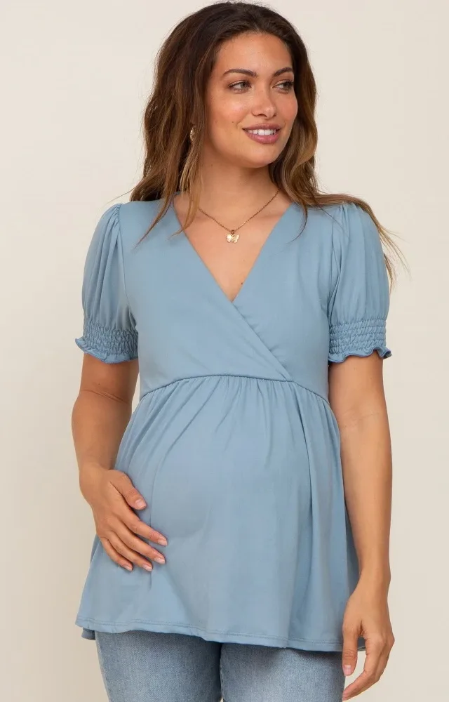 Blue Puff Sleeve Crossover Maternity/Nursing Top