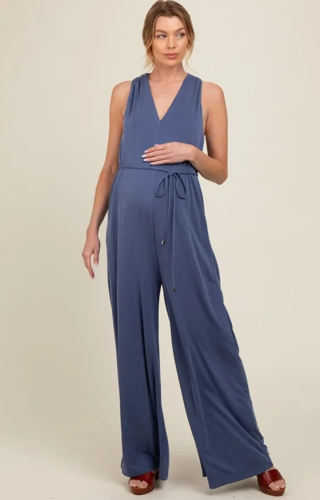 Blue Racerback Wide Leg Maternity Jumpsuit