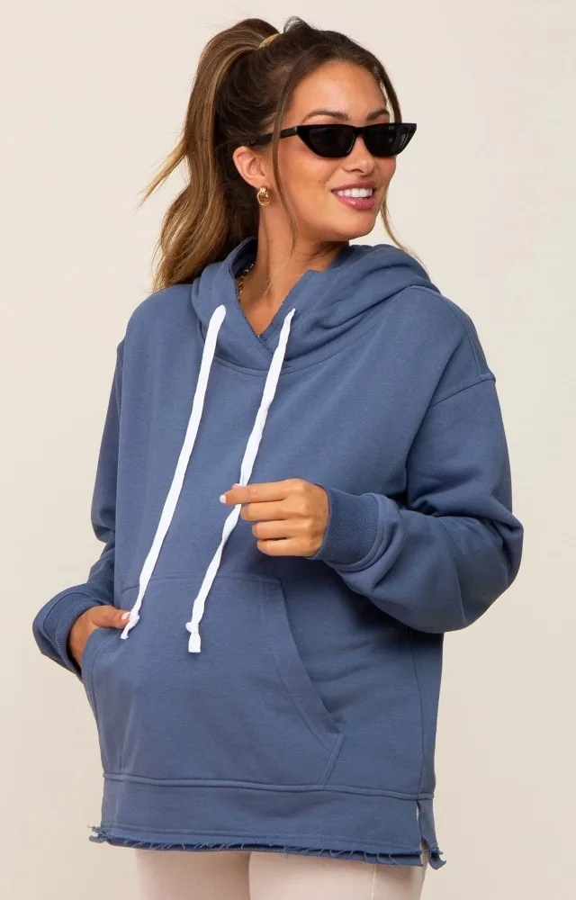 Blue Raw Edge Trim Maternity Drawstring Hoodie