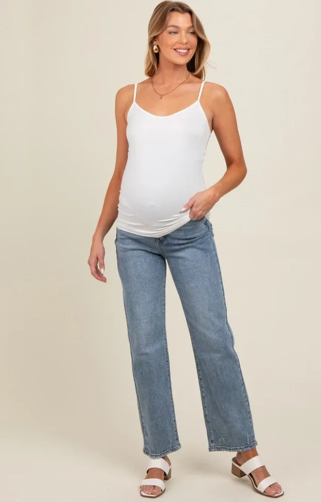 Blue Raw Hem Distressed Maternity Straight Leg Jeans