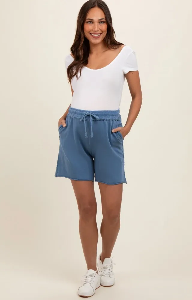 Blue Raw Hem Maternity Drawstring Shorts