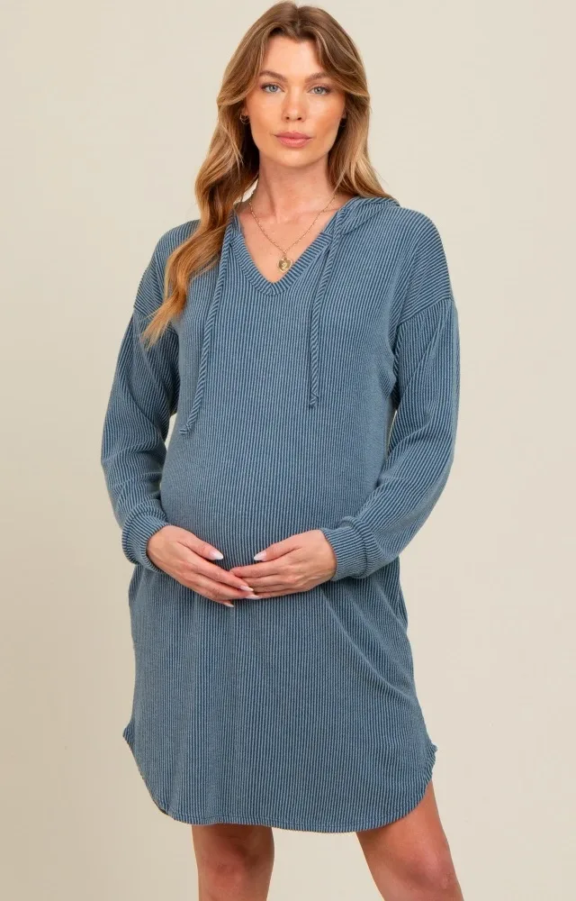 Blue Ribbed Hoodie Maternity Dress