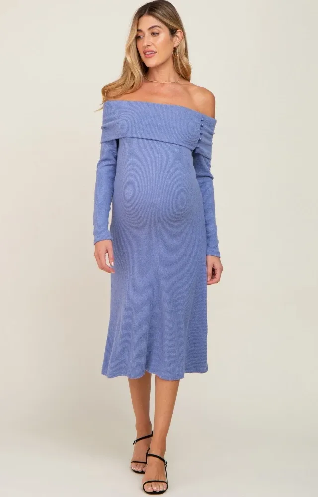 Blue Ribbed Knit Foldover Off Shoulder Maternity Midi Dress