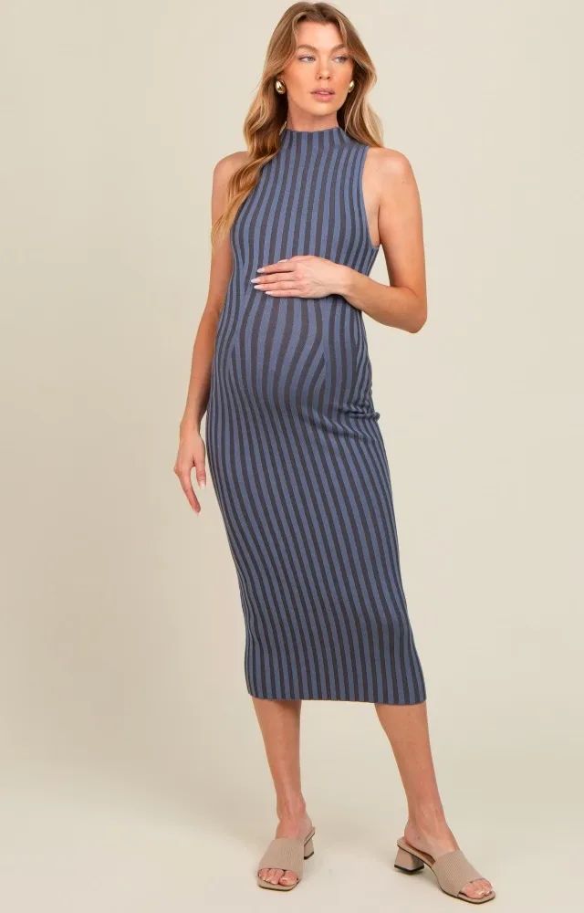 Blue Ribbed Knit Mock Neck Fitted Maternity Dress