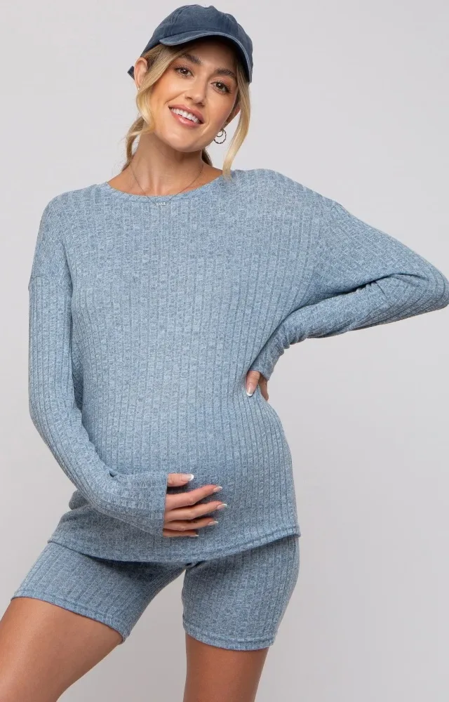 Blue Ribbed Long Sleeve Maternity Shorts Set