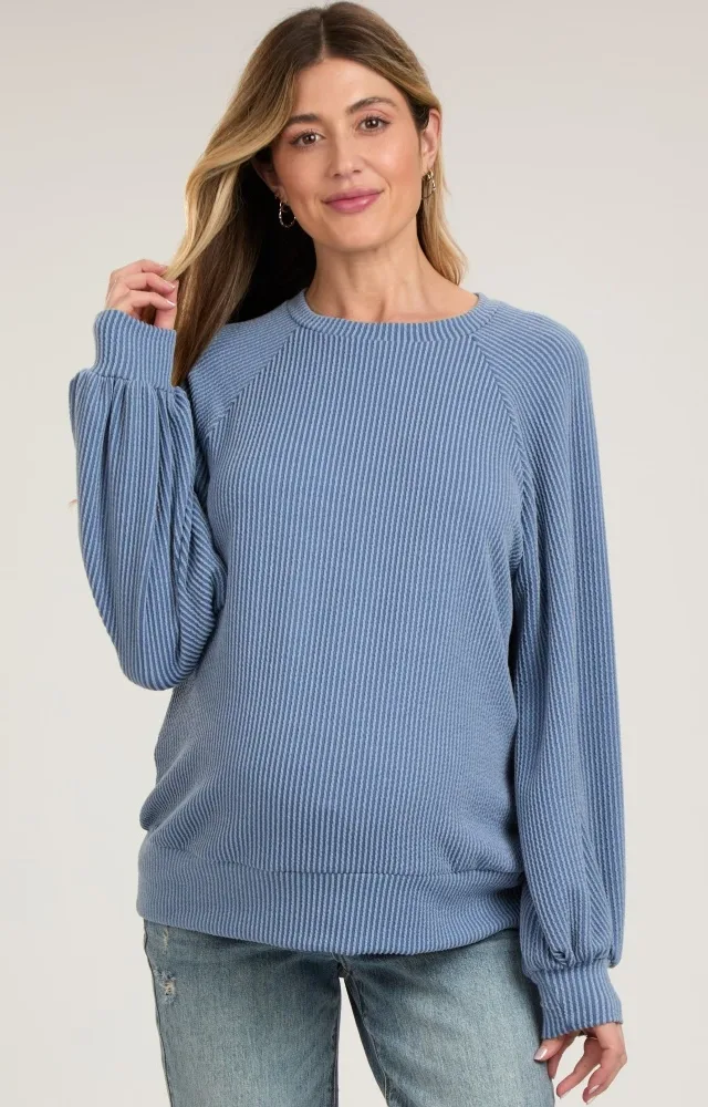 Blue Ribbed Long Sleeve Maternity Top