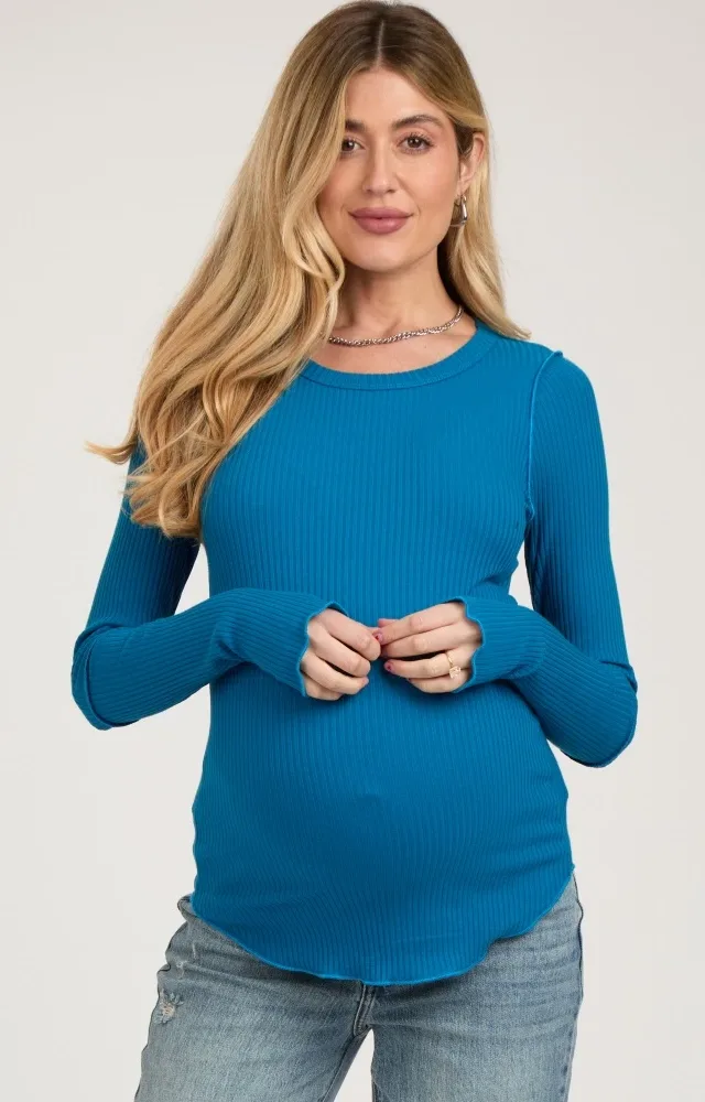 Blue Ribbed Maternity Long Sleeve Top