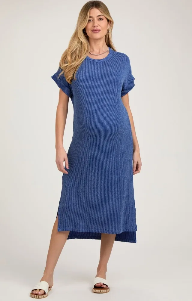 Blue Ribbed Short Sleeve Maternity Midi Dress