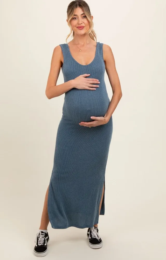 Blue Ribbed Side Slit Maternity Maxi Dress