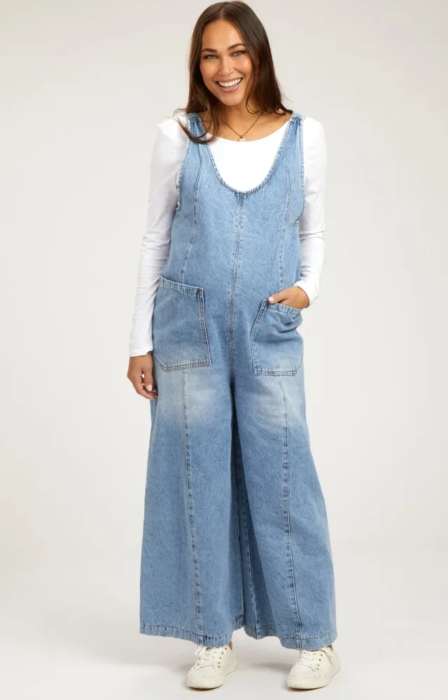 Blue Round Neck Wide Leg Maternity Overalls