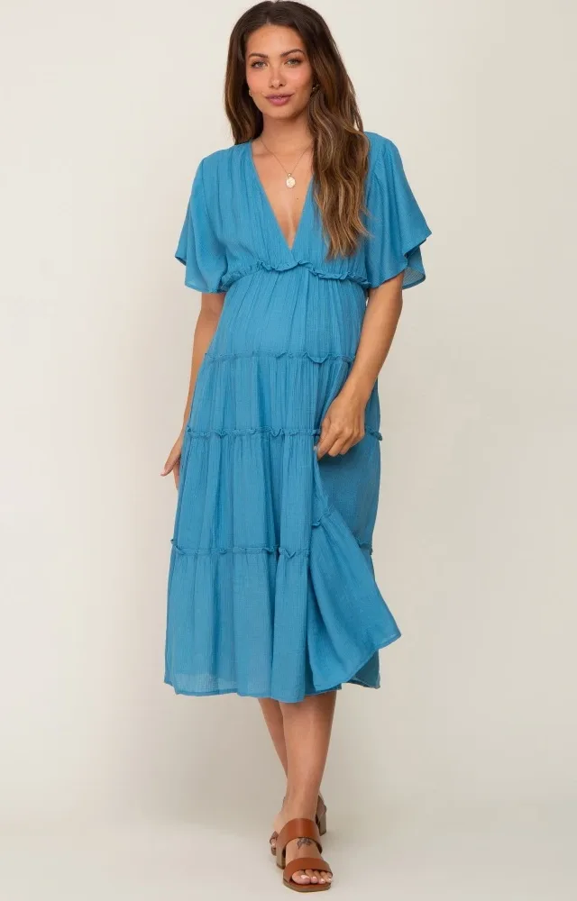 Blue Ruffle Tiered V-Neck Maternity Midi Dress