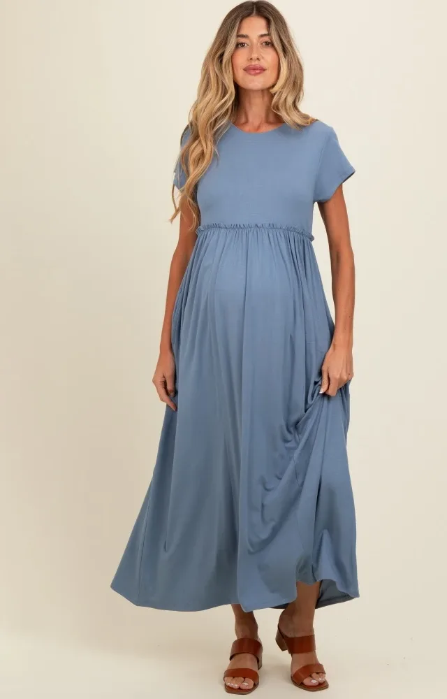 Blue Ruffle Trim Maternity Maxi Dress