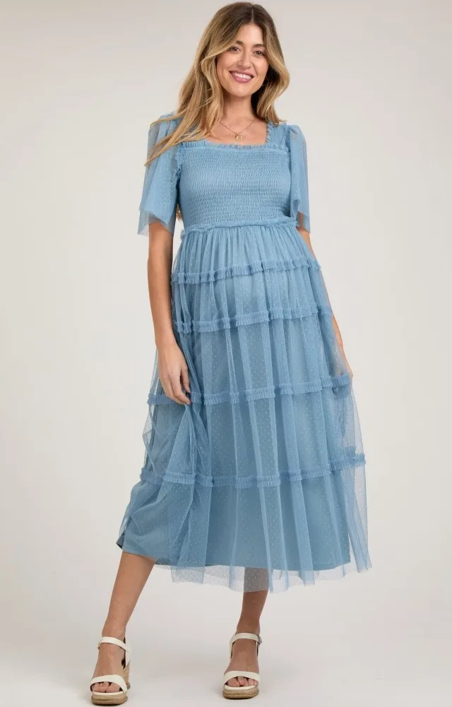 Blue Ruffled Mesh Maternity Maxi Dress