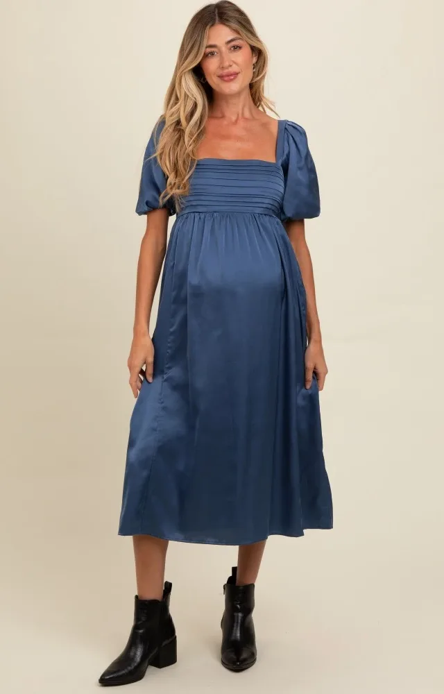 Blue Satin Pleated Bodice Puff Sleeve Maternity Midi Dress