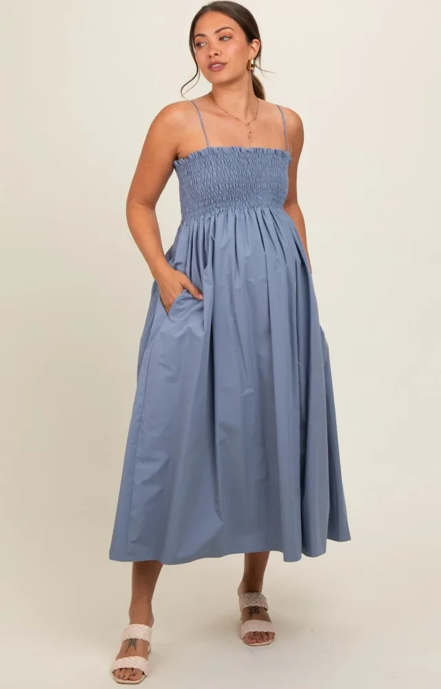 Blue Smocked Pocketed Maternity Midi Dress