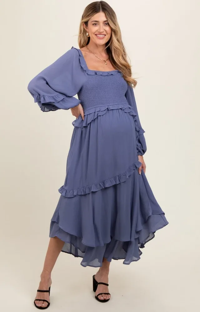 Blue Smocked Ruffle Long Sleeve Maternity Midi Dress