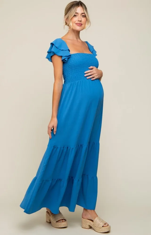 Blue Smocked Ruffle Off Shoulder Tiered Maternity Dress