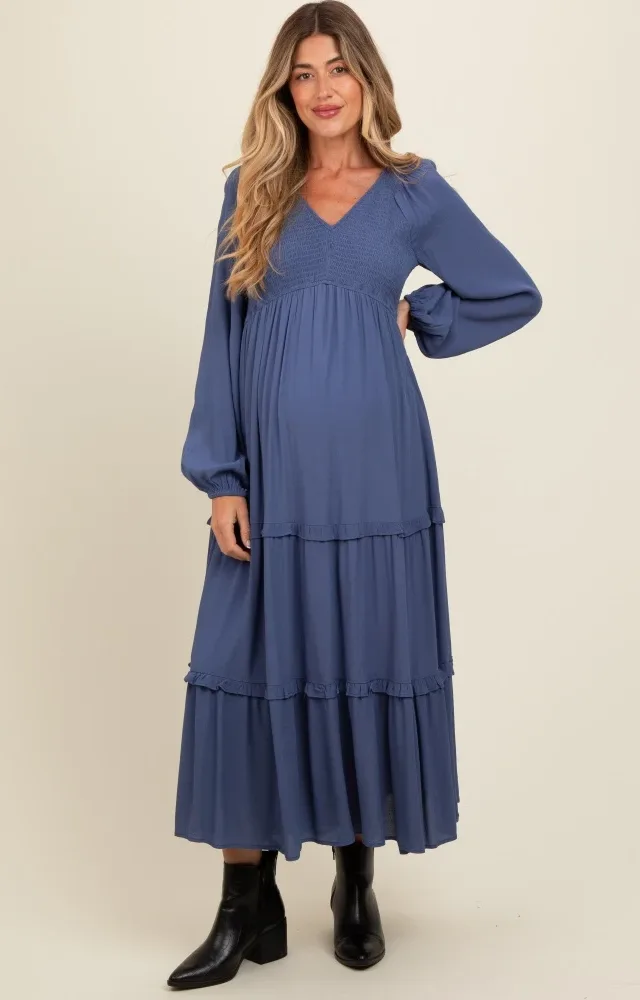 Blue Smocked Tiered Maternity Midi Dress