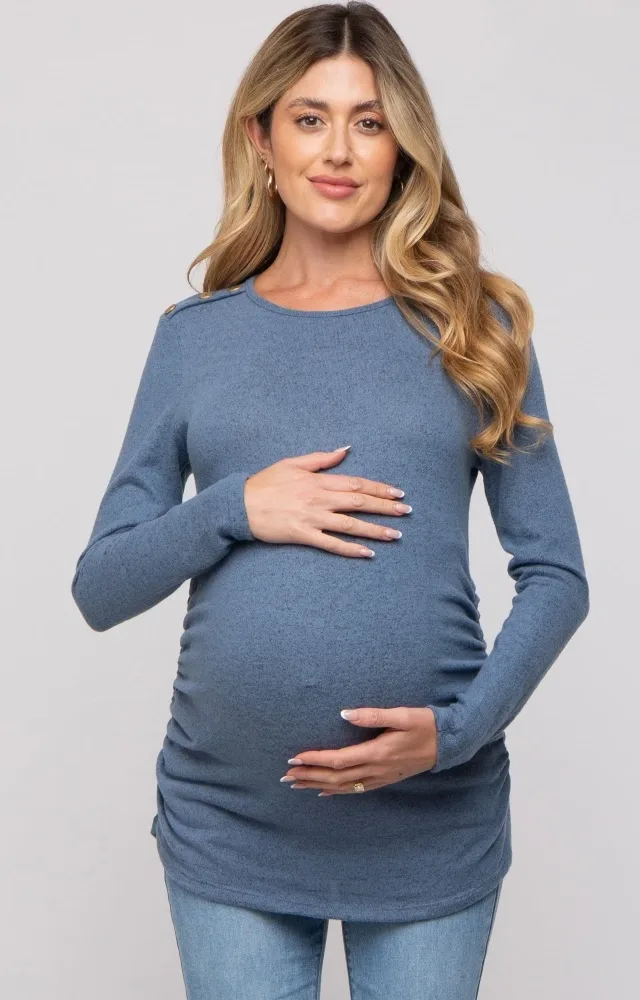 Blue Soft Knit Button Shoulder Ruched Side Maternity Top