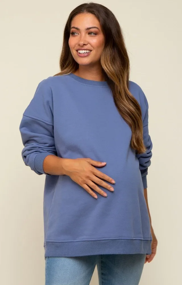 Blue Soft Knit Fleece Lined Maternity Sweatshirt