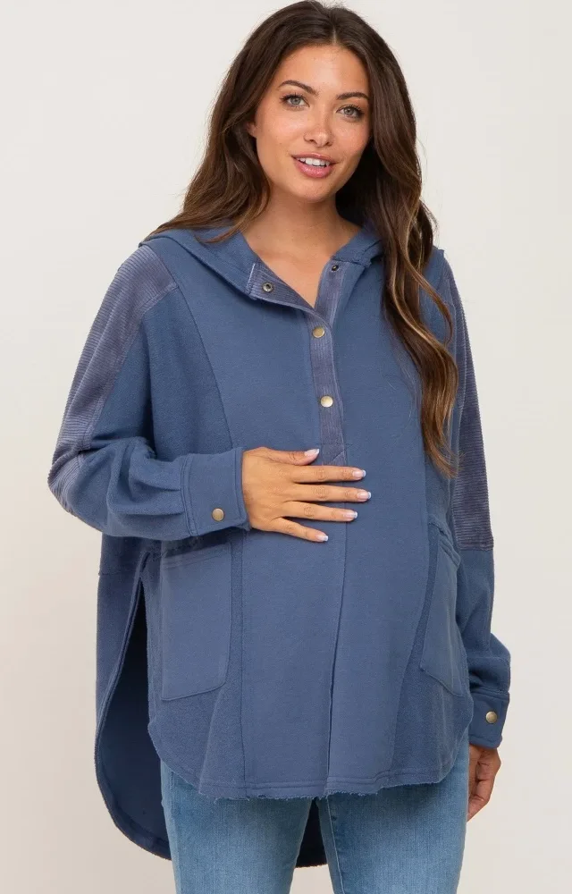 Blue Soft Mixed Knit Button Front Hooded Maternity Top