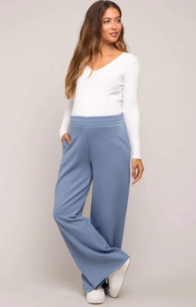 Blue Soft Wide Leg Side Slit Maternity Sweatpants