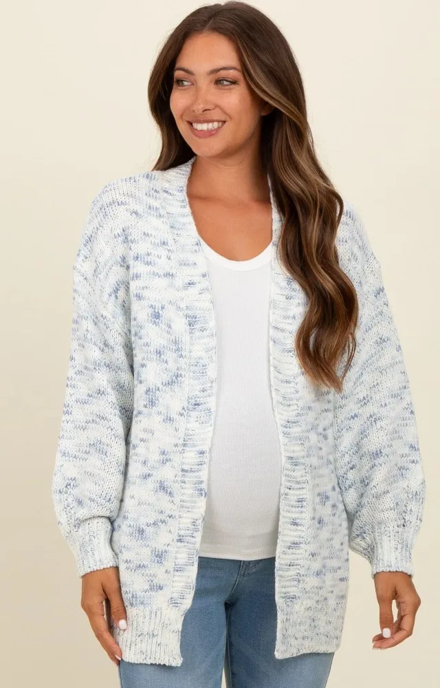 Blue Speckled Chunky Knit Oversized Maternity Cardigan