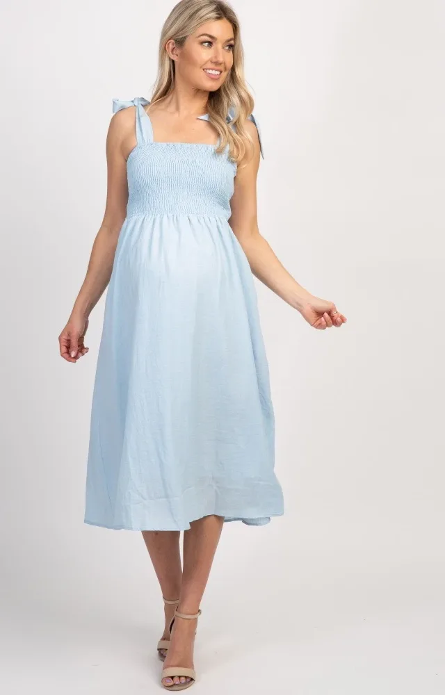 Blue Strap Tie Smocked Maternity Dress