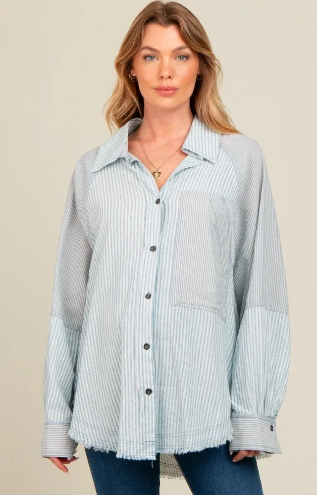 Blue Striped Button Down Oversized Long Sleeve Maternity Top