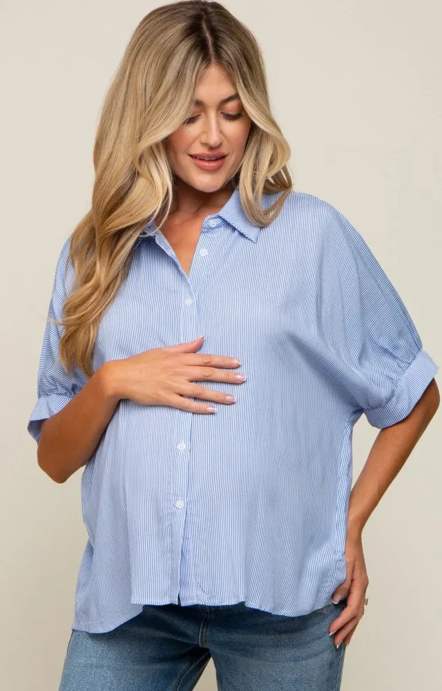 Blue Striped Button Front Collared Short Sleeve Maternity Top