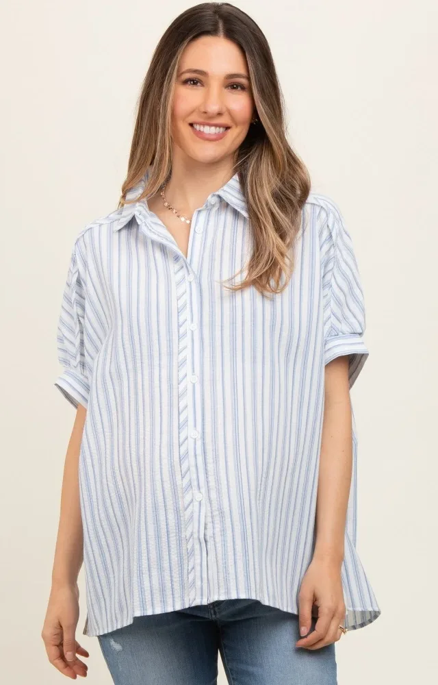 Blue Striped Button Up Collared Short Sleeve Maternity Top