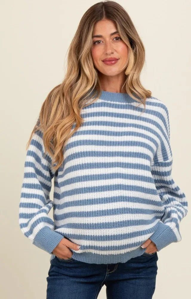 Blue Striped Crew Neck Maternity Sweater