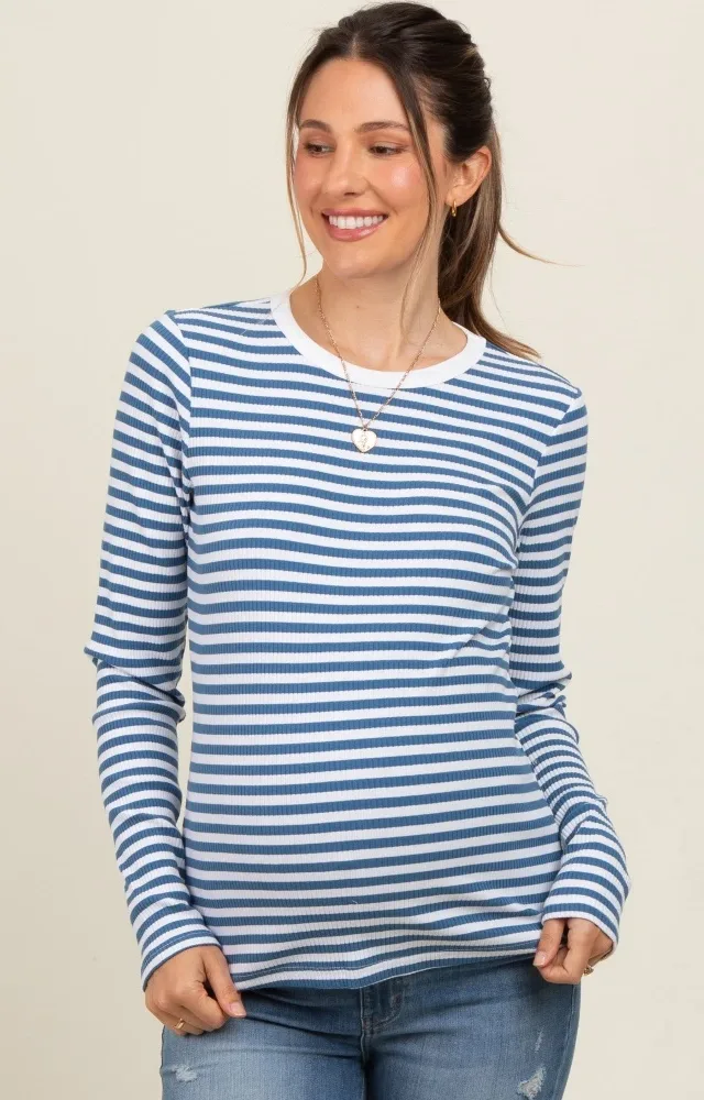 Blue Striped Long Sleeve Ribbed Maternity Top