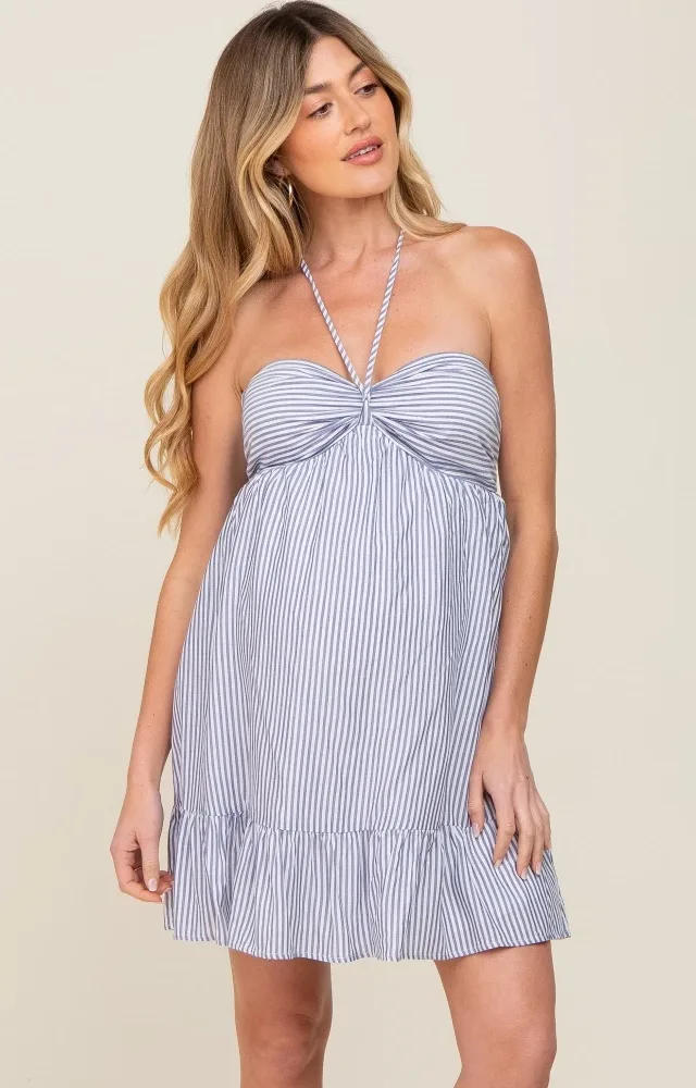 Blue Striped Maternity Halter Dress