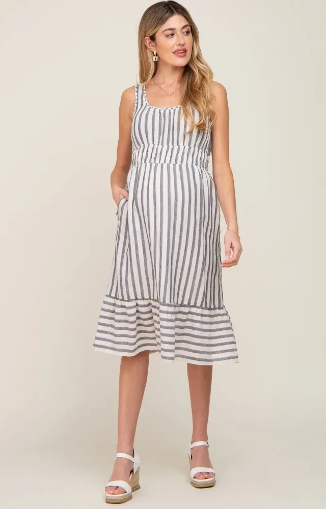 Blue Striped Sleeveless Maternity Midi Dress