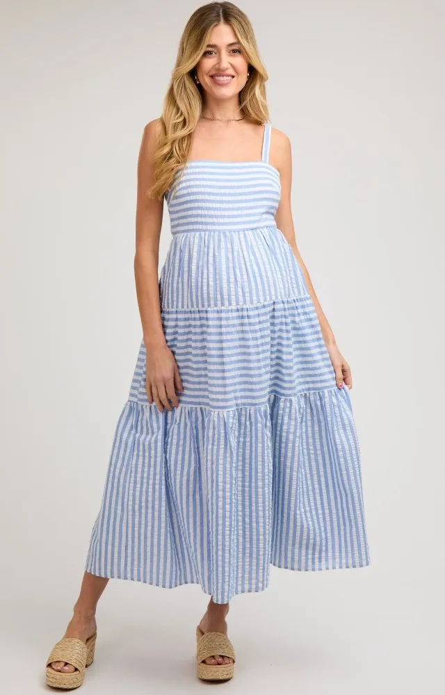 Blue Striped Sleeveless Tiered Maternity Maxi Dress