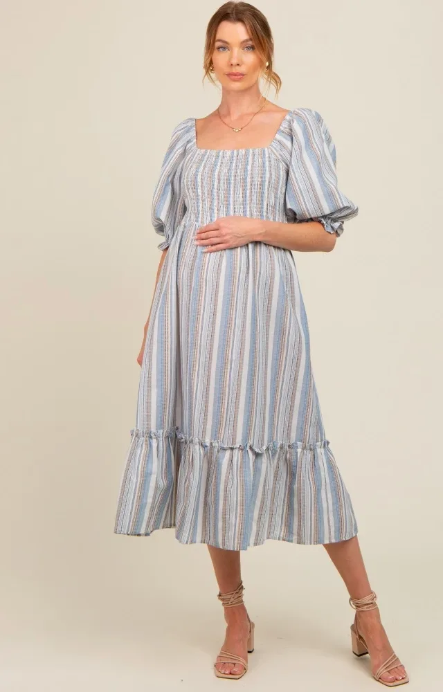 Blue Striped Smocked Puff Sleeve Maternity Midi Dress