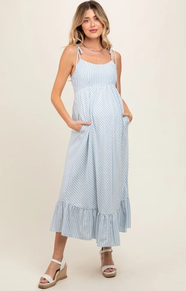 Blue Striped Tie Strap Maternity Maxi Dress