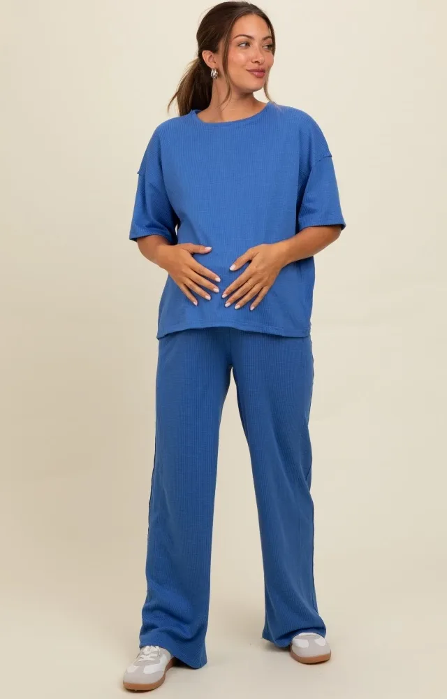 Blue Textured Knit Oversized Tee And Pants Maternity Set