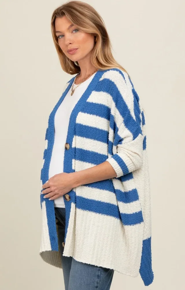 Blue Textured Knit Striped Oversized Maternity Cardigan