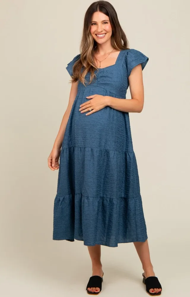 Blue Textured Sweetheart Neck Short Puff Sleeve Tiered Maternity Midi Dress