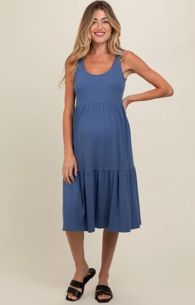 Blue Tiered Sleeveless Maternity Midi Dress